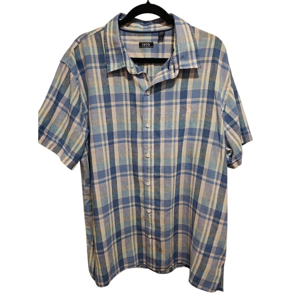 Preppy Plaid Coastal Nautical Izod Blue Plaid‎ Short Sleeve Slim Fit 2XL Shirt - Picture 2 of 8